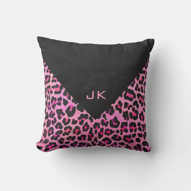 Monogram Leopard Black and Shock rosa Print Kudde (Framsida)