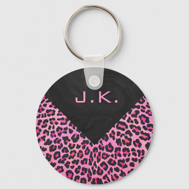 Monogram Leopard Black and Shock rosa Print Nyckelring (Framsida)