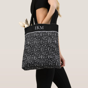 Monogram Leopard Djurtryck Svart Silver Grå Tygkasse