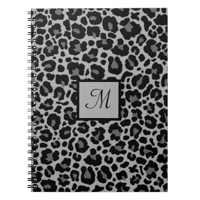 Monogram Leopard Print Animal Cheetah Grått Initia Anteckningsbok (Framsidan)