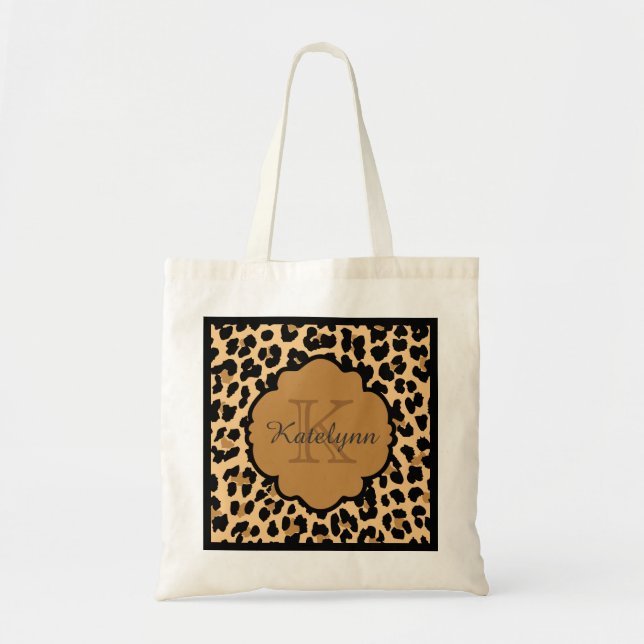 Monogram Leopard Print Anpassningsbar Tote Bag Tygkasse (Framsidan)