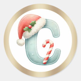 Monogram letter C, Santa hat Christmas Sticker Runt Klistermärke