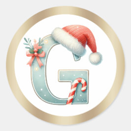Monogram letter G, Santa hat Christmas Sticker Runt Klistermärke