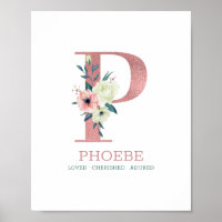 Monogram Letter P Pink Watercolor Floral Nursery