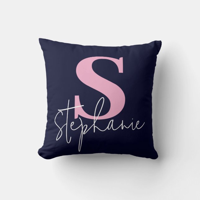 Monogram Lettered Script Navy Pink Throw Pillow Kudde (Framsida)