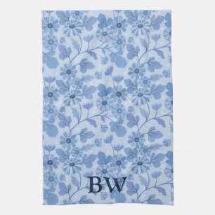 Monogram Light Blue and Navy Blommönster Kökshandduk