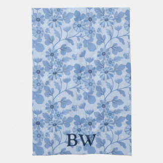 Monogram Light Blue and Navy Blommönster Kökshandduk