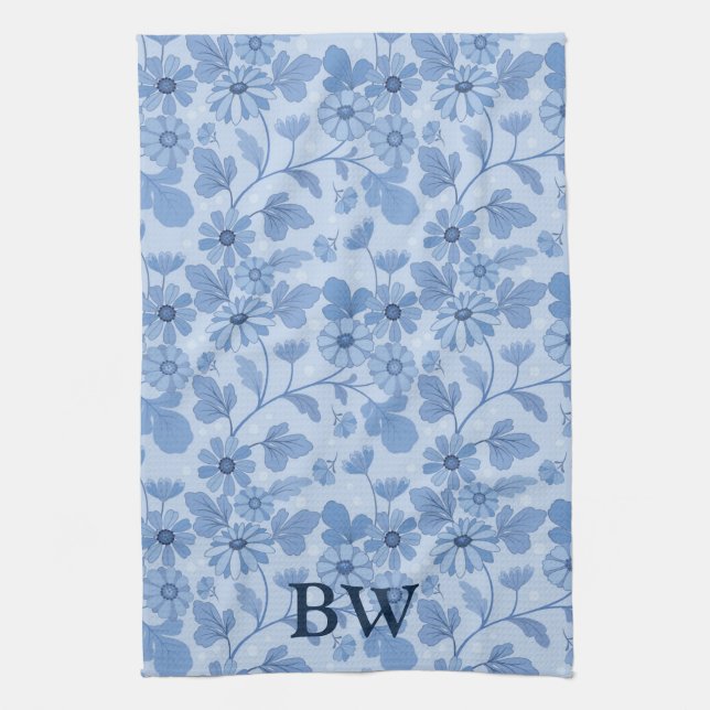 Monogram Light Blue and Navy Blommönster Kökshandduk (Vertikal)