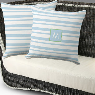 Monogram Light Blue and White Rand Beach House Kudde
