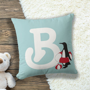 Monogram Light Blue Cute Penguin Kids Kudde