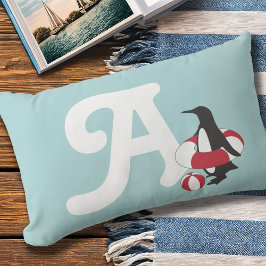 Monogram Light Blue Cute Penguin Kids utomhus Lumbarkudde