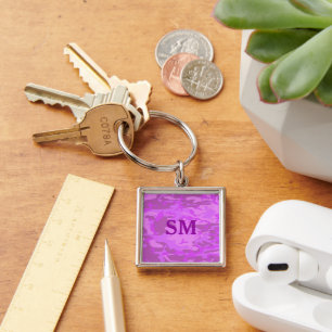 Monogram Light Lila Camouflage Premium Square Fyrkantig Silverfärgad Nyckelring
