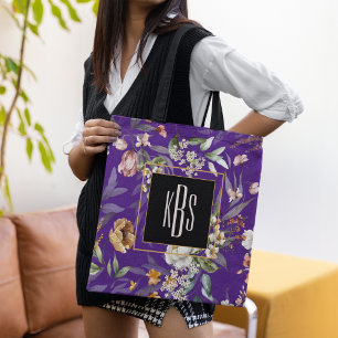 Monogram, lila 1600-tals fin konst blommig handväs tygkasse
