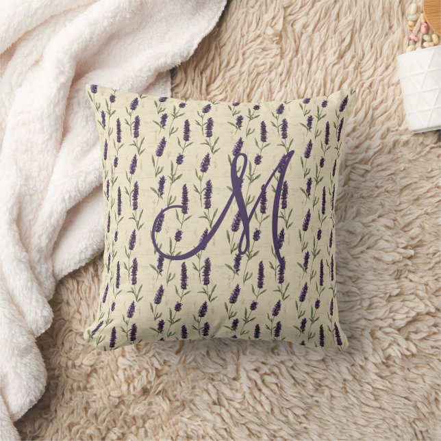 Monogram Lila Beige Botanisk Blomma Kudde (Filt)