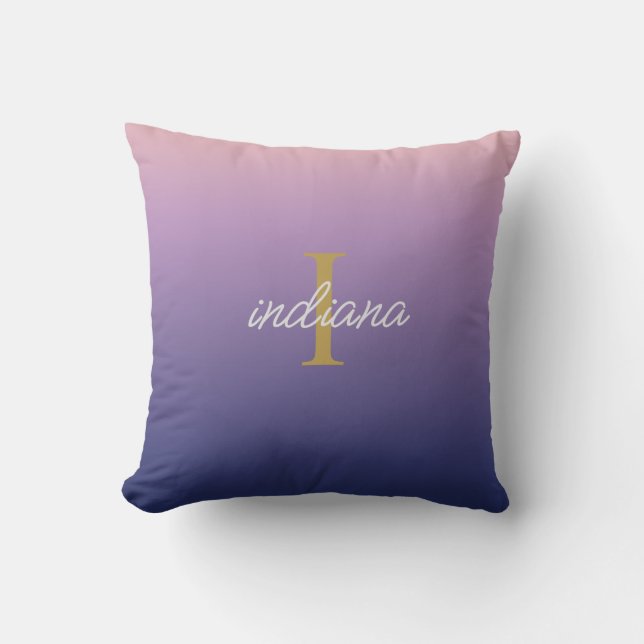 Monogram lila blå Ombre Stilig Skriptnamn Kudde (Framsida)