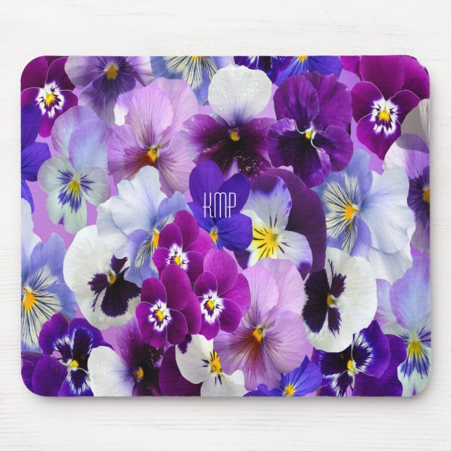 Monogram lila blå vit pensé blommor musmatta (Framsidan)