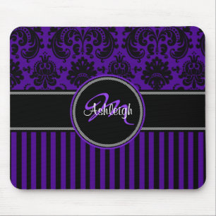 Monogram Lila Black White Rand Damask Mousepad Musmatta