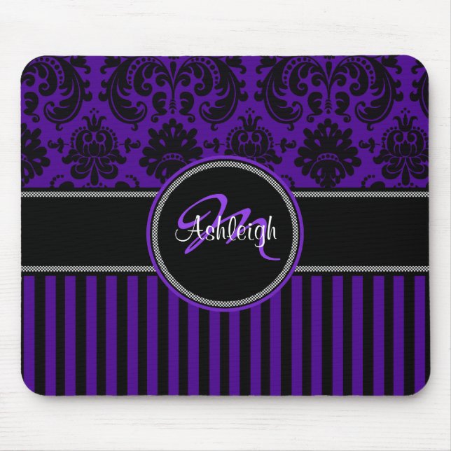 Monogram Lila Black White Rand Damask Mousepad Musmatta (Framsidan)