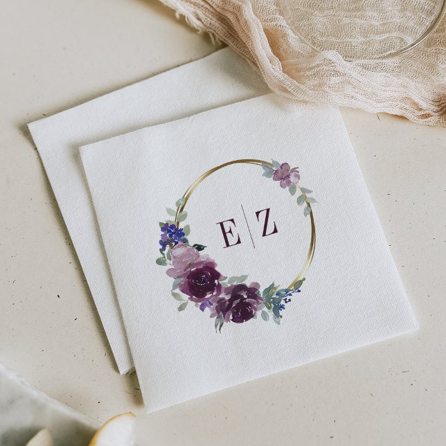 Monogram Lila Blommig Boho Guld Ram Bröllop Pappersservett (Skapare uppladdad)