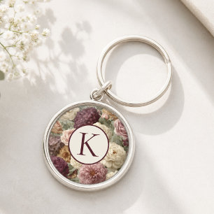 Monogram Lila Blommig Elegant Rund Silverfärgad Nyckelring