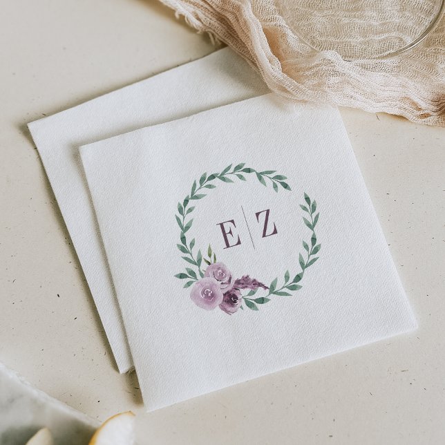 Monogram Lila Blommig Lövverk Boho Bröllop Pappersservett (Skapare uppladdad)