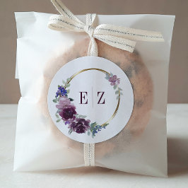 Monogram Lila Blommigt Boho Guld Ram Bröllop Runt Klistermärke