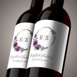 Monogram Lila Blommigt Utandning Boho Guld Ram Vinflaska Etikett