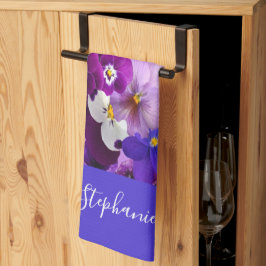Monogram Lila Blue White Blommigt Pansy Flowers Kökshandduk