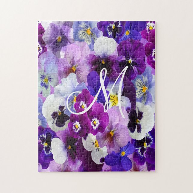 Monogram Lila Blue White Pansy Blommigt Flowers Pussel (Vertikal)
