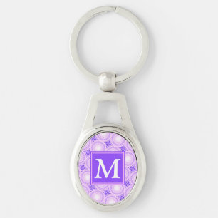 Monogram lila circles mönster ovalt silverfärgad nyckelring