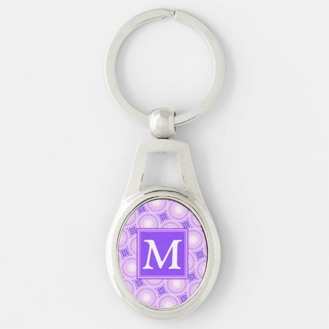 Monogram lila circles mönster ovalt silverfärgad nyckelring (Framsidan)