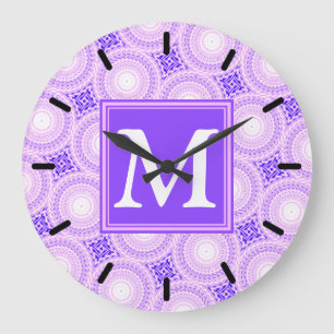 Monogram lila circles mönster stor klocka