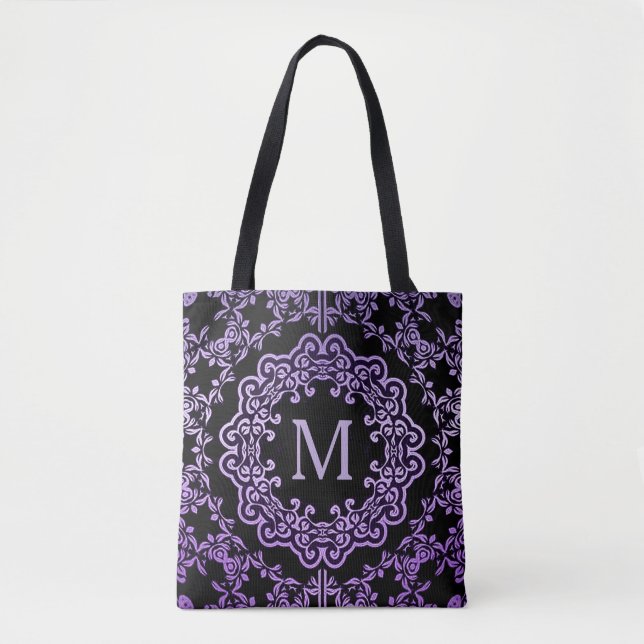 Monogram Lila Filigree Motif Tote Bag Tygkasse (Framsida)