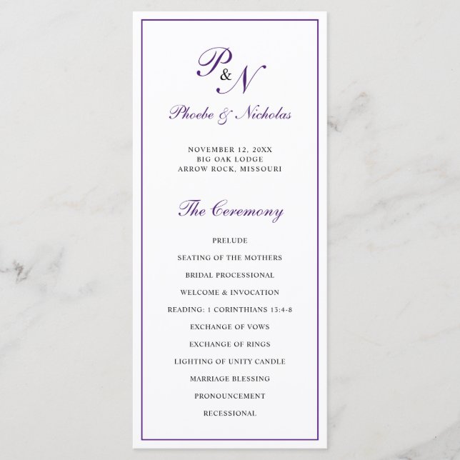 Monogram Lila Formal Elegant bröllop Program (Framsida)