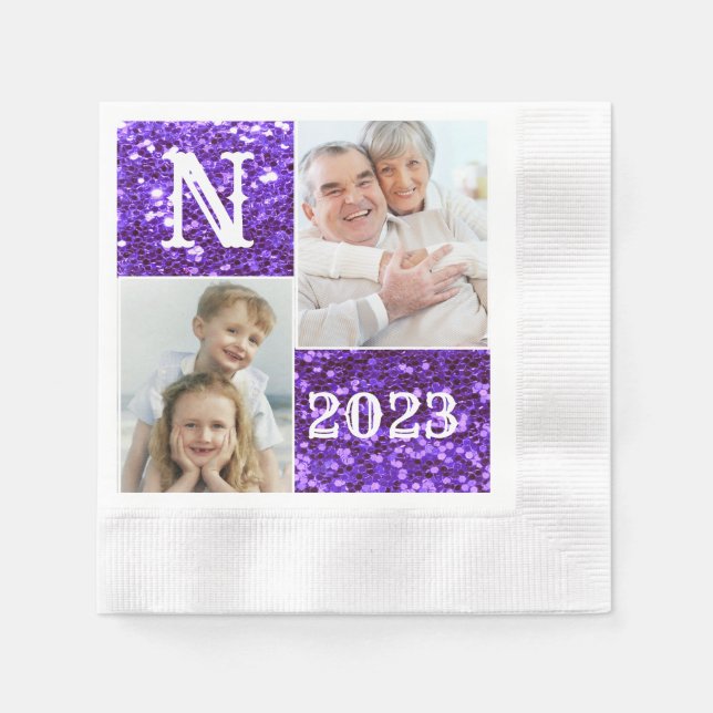 Monogram Lila Glitter 2 Photos Collage Pappersservett (Framsidan)