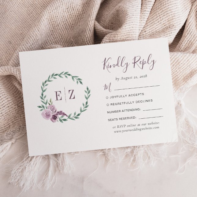 Monogram Lila Grönt Blommigt Utandning Bröllop OSA Kort (Skapare uppladdad)