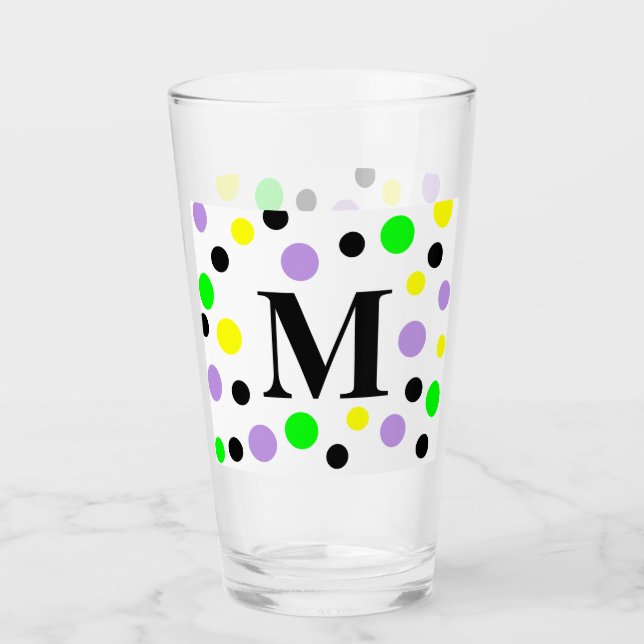 Monogram Lila Grönt Gult Polka dots Glaskopp (Framsida)