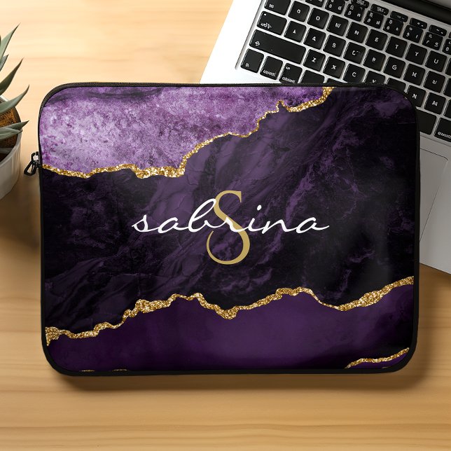 Monogram Lila Guld Agate Geode Laptop Fodral (Skapare uppladdad)