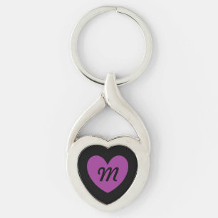 Monogram lila hjärta på svart twisted heart silverfärgad nyckelring
