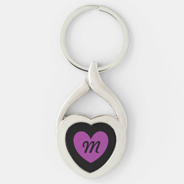 Monogram lila hjärta på svart twisted heart silverfärgad nyckelring (Framsidan)
