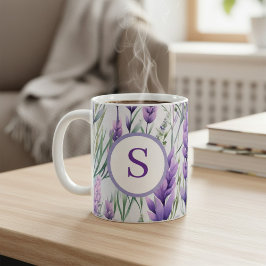 Monogram Lila Lavendel Blomsterfält Kaffemugg