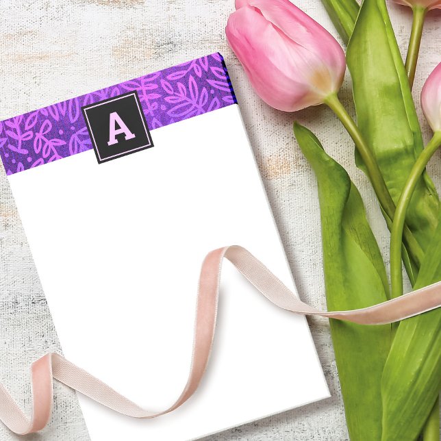 Monogram lila löv mönster, modernt fetstil post-it block (Skapare uppladdad)
