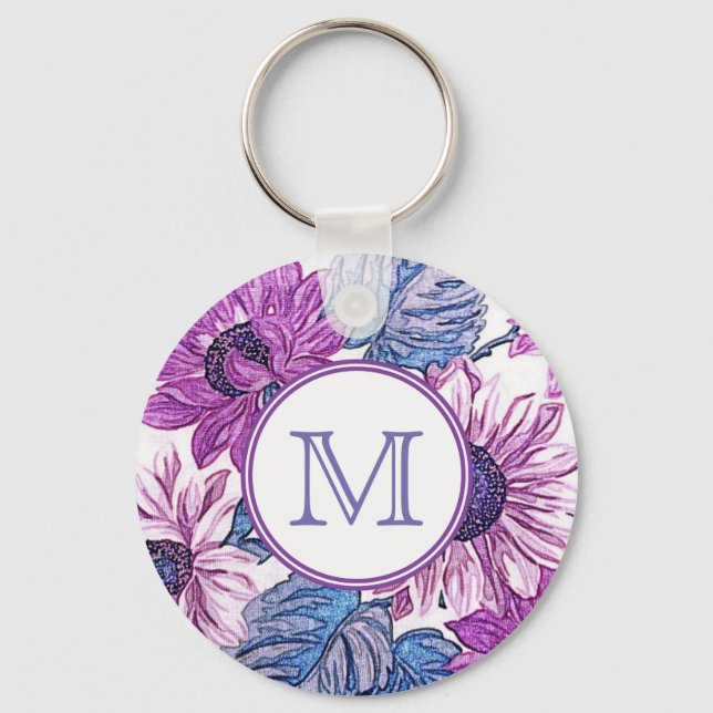 Monogram lila och blå vintage blommig konst nyckelring (Framsida)
