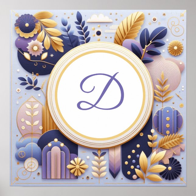 Monogram Lila och Guld Wall Art Poster (Framsidan)