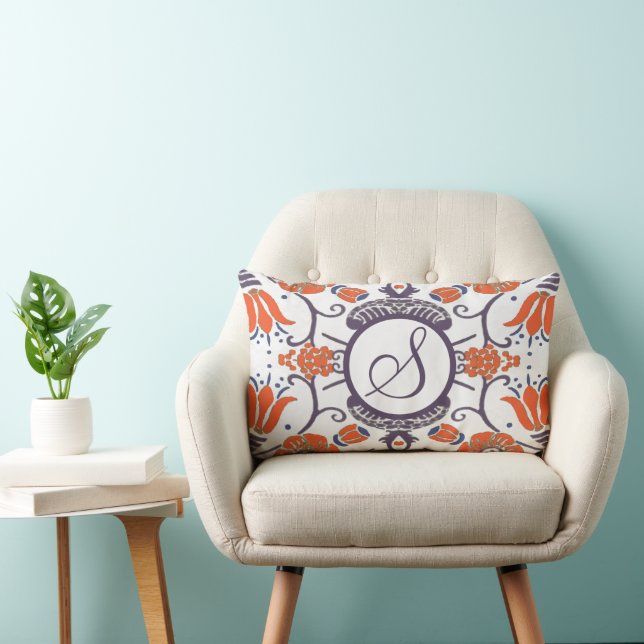Monogram Lila Orange Blue Modern Blommigt Pillow Lumbarkudde (Stol)
