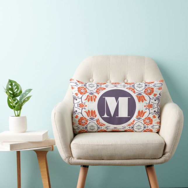 Monogram Lila Orange Mint Modern Blommigt Pillow Lumbarkudde (Stol)