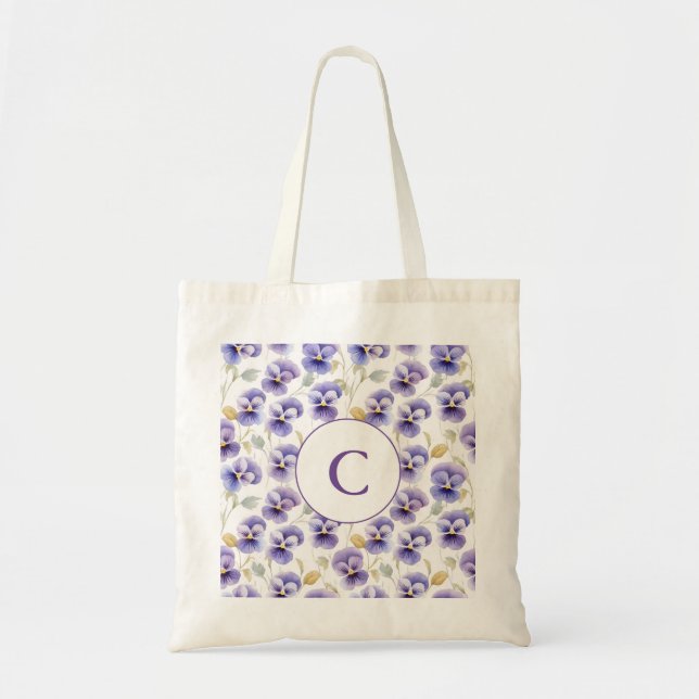 Monogram Lila Pansy Flower Mönster Watercolor Tygkasse (Framsidan)