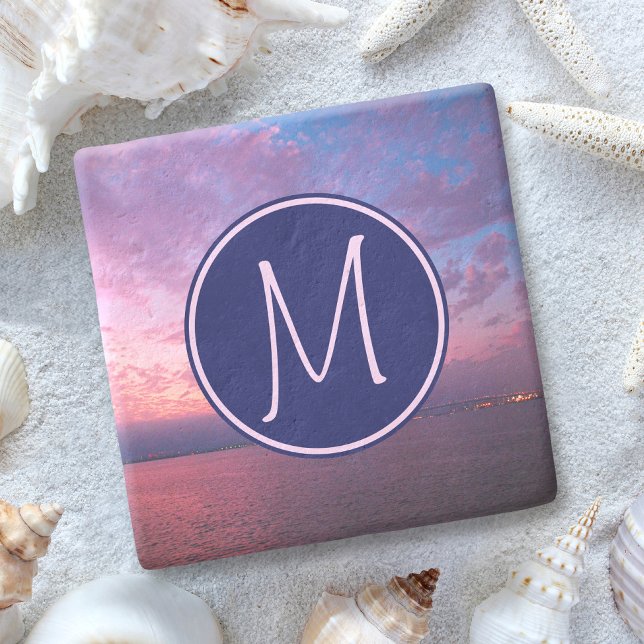 Monogram Lila Rosa Blå Kalifornien Ocean Solnedgån Stenunderlägg (Skapare uppladdad)
