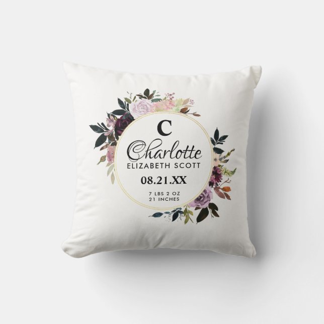 Monogram Lila Rosa  Blommigt Födelseort Kudde (Framsida)