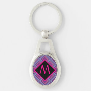 Monogram Lila Rosa Diamond Checker Mönster Artsy Ovalt Silverfärgad Nyckelring